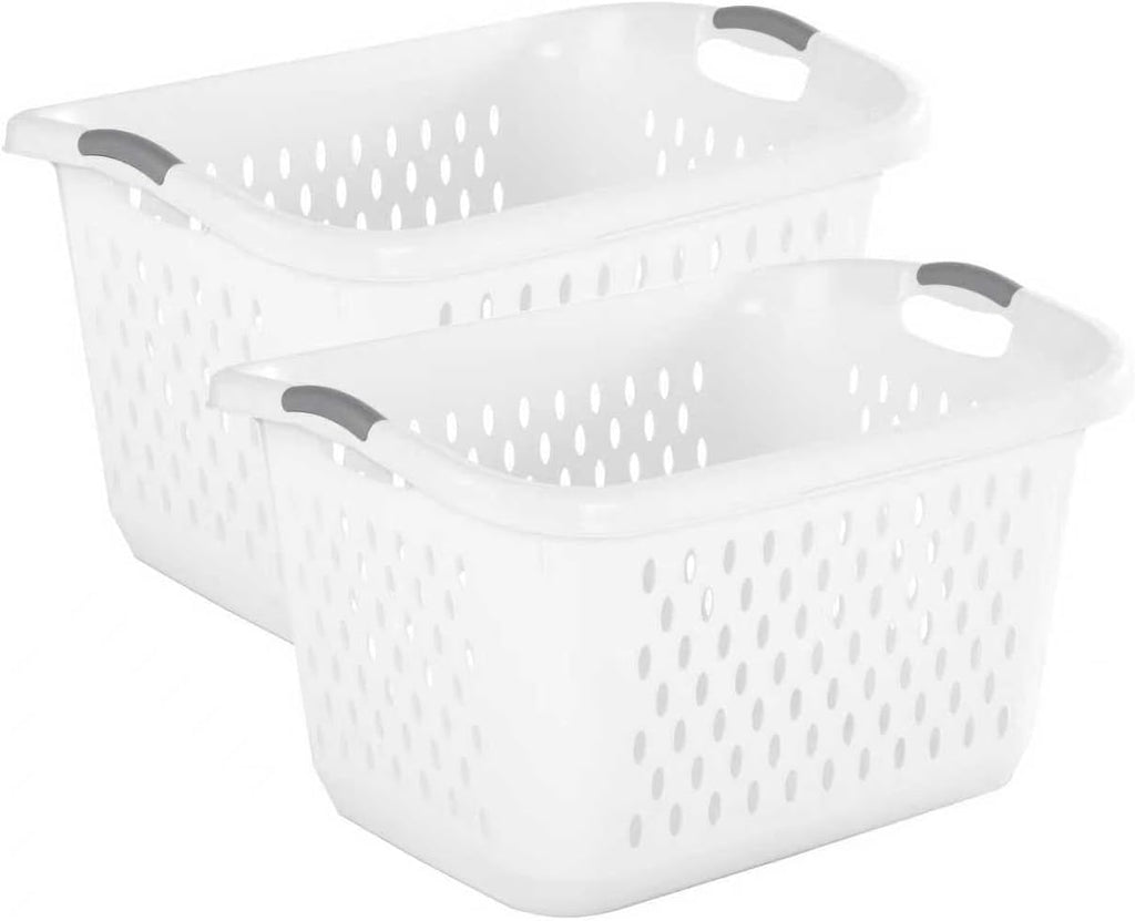 (2 Pcs) 2.7 Bushel Extra Large Plastic Laundry Basket with 2 Carry Handles, For use in the Laundry Room, Dorm Room or Bedroom，White