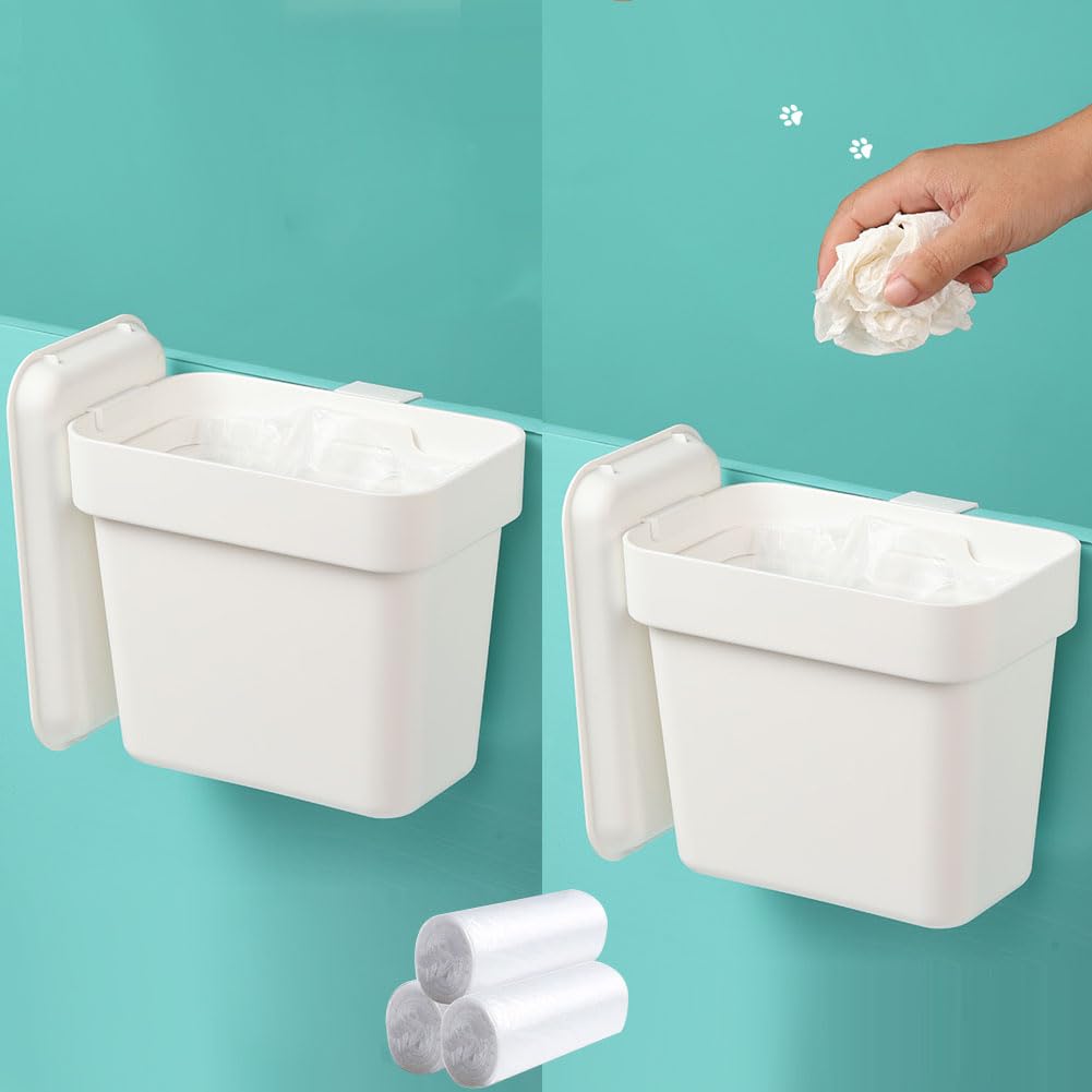 0.8 Gallon Hanging Small Trash Can with Lid for Cupboard/Bathroom/Bedroom/Office/Camping (White, 2PCS Trash can with Bags)