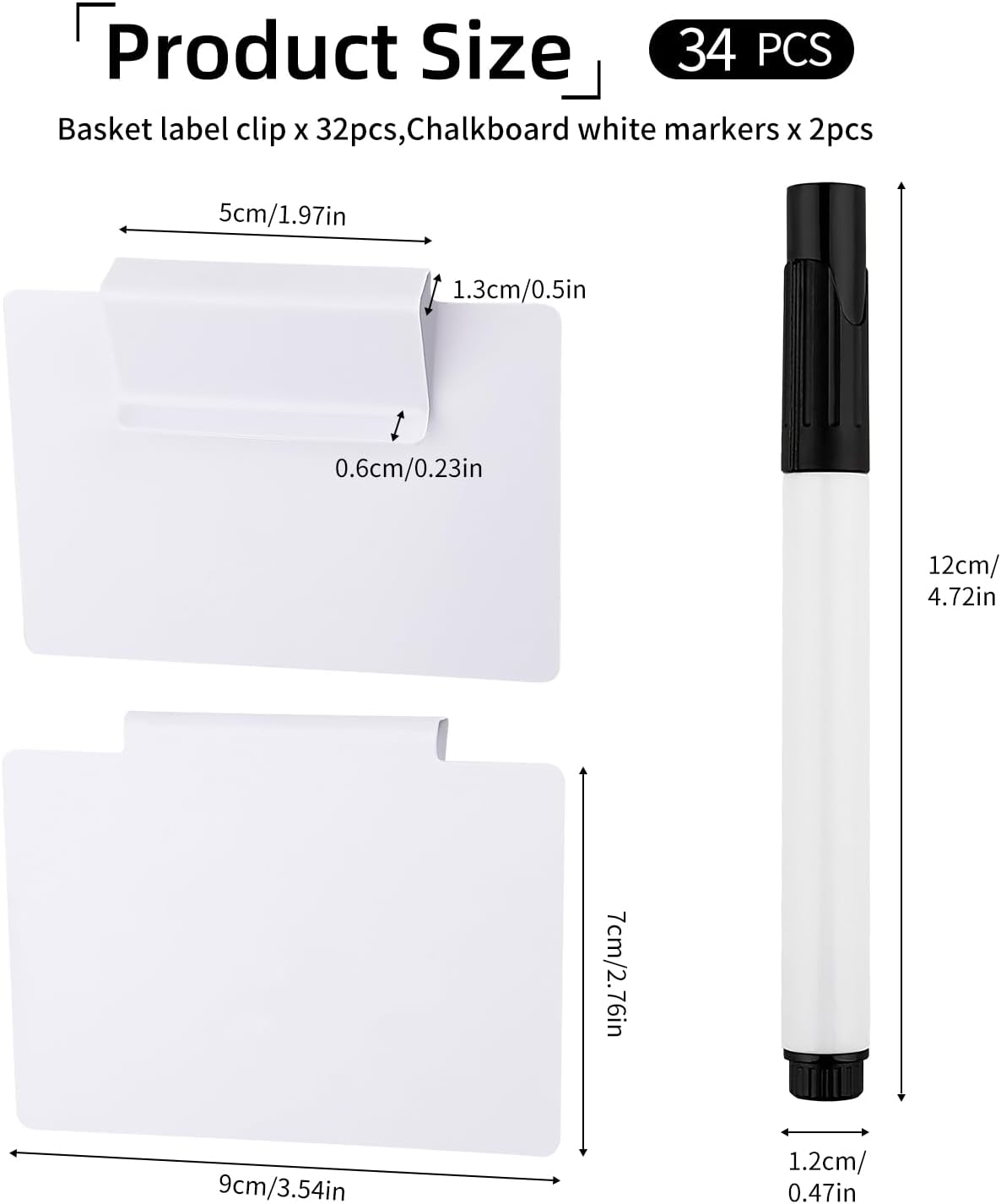 34 Pcs Basket Labels Clip on Set, Include 32 Kitchen Clip Label Holder Removable Storage Bin Labels with 2 Black Marker for Storage Bins Organization Box (White)