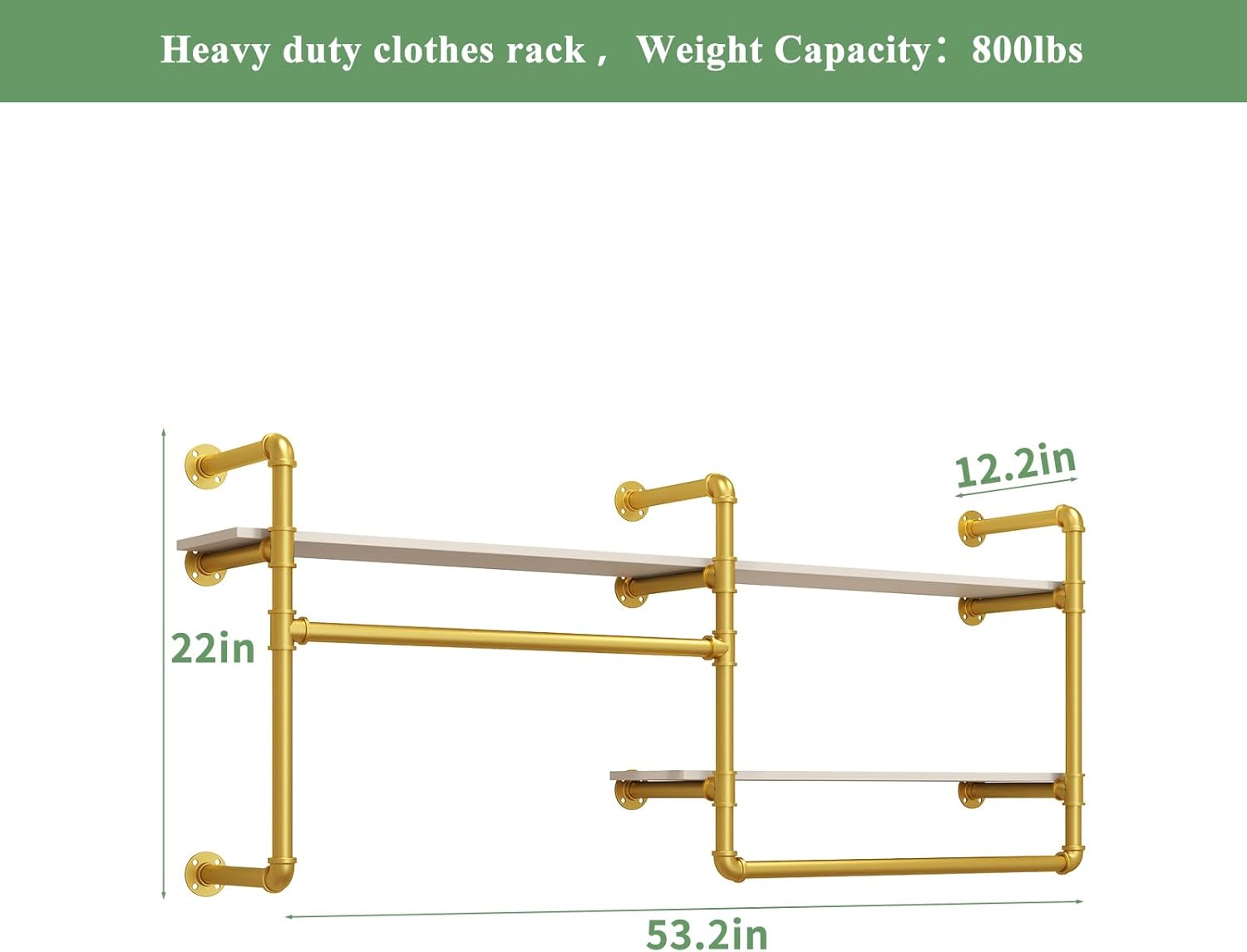 Industrial Pipe Clothing Rack Wall Mounted - Heavy Duty 2-Tier Closet Organizer with Wood Shelves & Dual Hanging Rods for Bedroom/Retail Store, Gold
