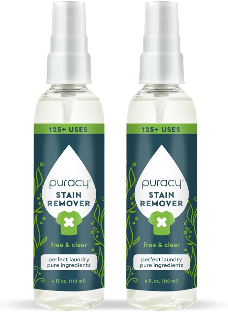 Puracy Stain Remover, Natural Travel and Laundry Stain Cleaner for Clothes, Baby Essentials, Kids Stains, Oil and Fabric Spot Cleaner, Unscented (Stain Remover Spray, 4 fl oz, 2 Pack)