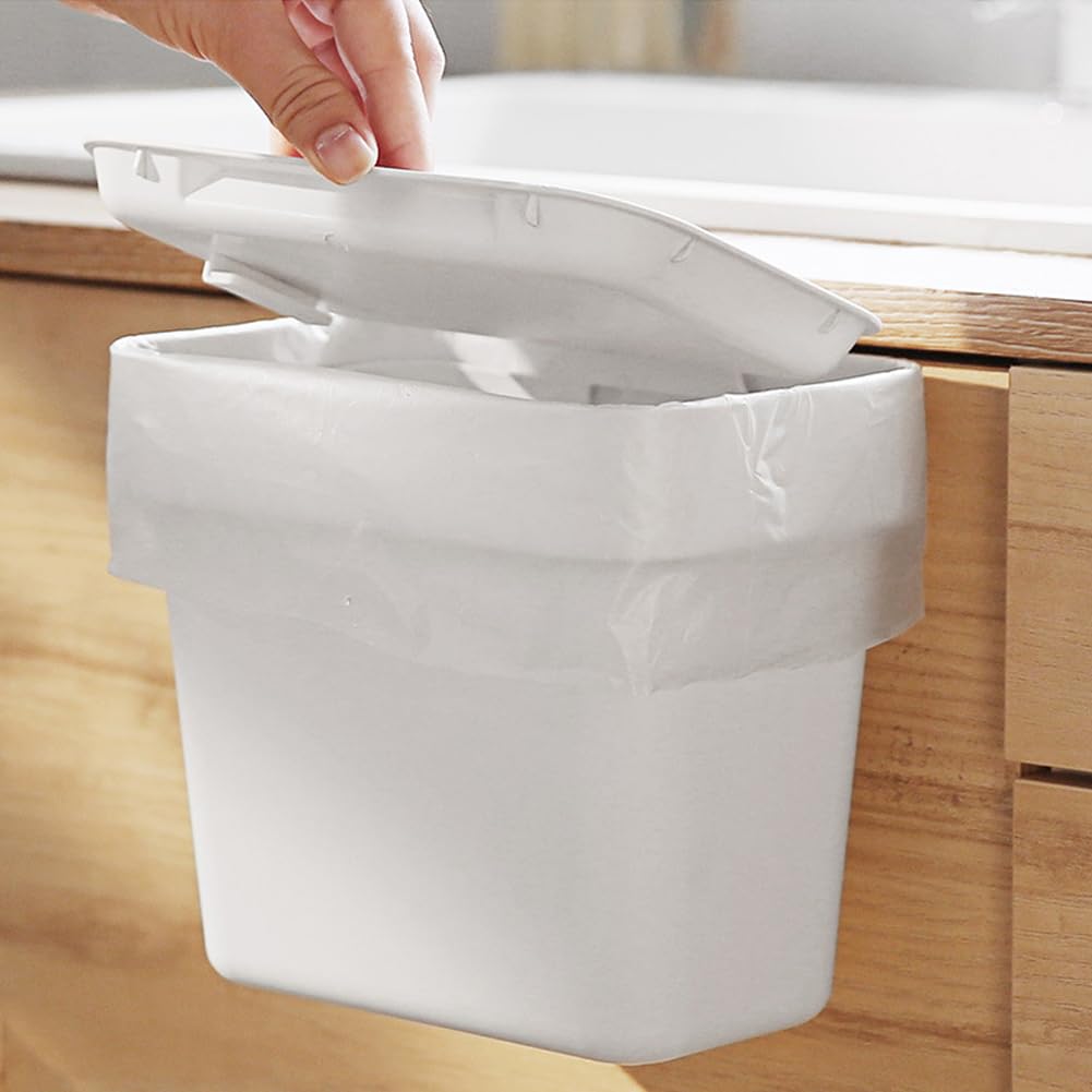 0.8 Gallon Hanging Small Trash Can with Lid for Cupboard/Bathroom/Bedroom/Office/Camping,7.7 x 4.75 x 6.7 inches, White