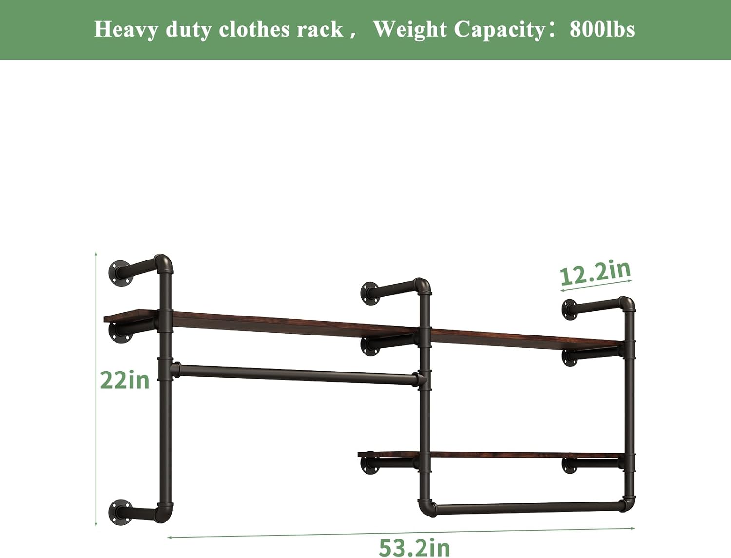 Industrial Pipe Clothing Rack Wall Mounted - Heavy Duty 2-Tier Closet Organizer with Wood Shelves & Dual Hanging Rods for Bedroom/Retail Store