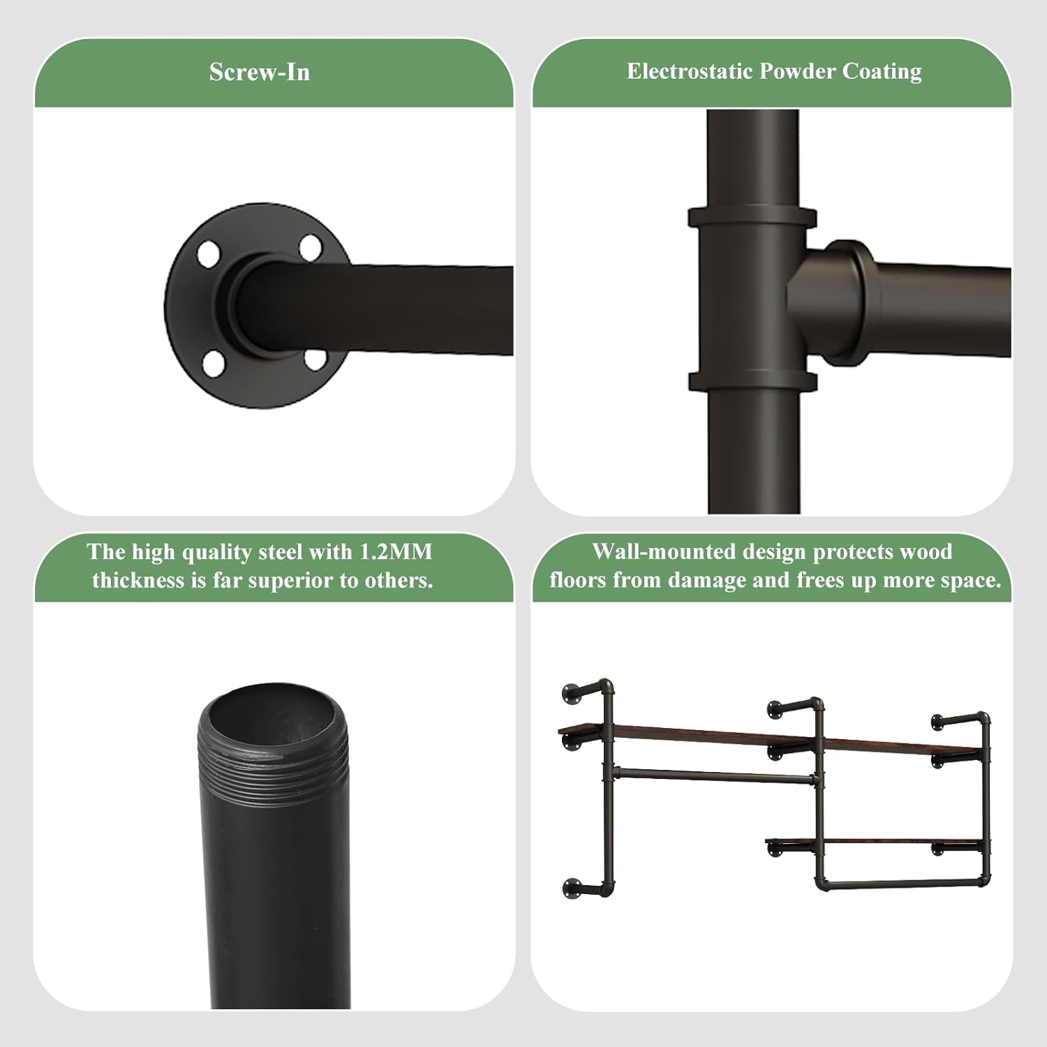 Industrial Pipe Clothing Rack Wall Mounted - Heavy Duty 2-Tier Closet Organizer with Wood Shelves & Dual Hanging Rods for Bedroom/Retail Store