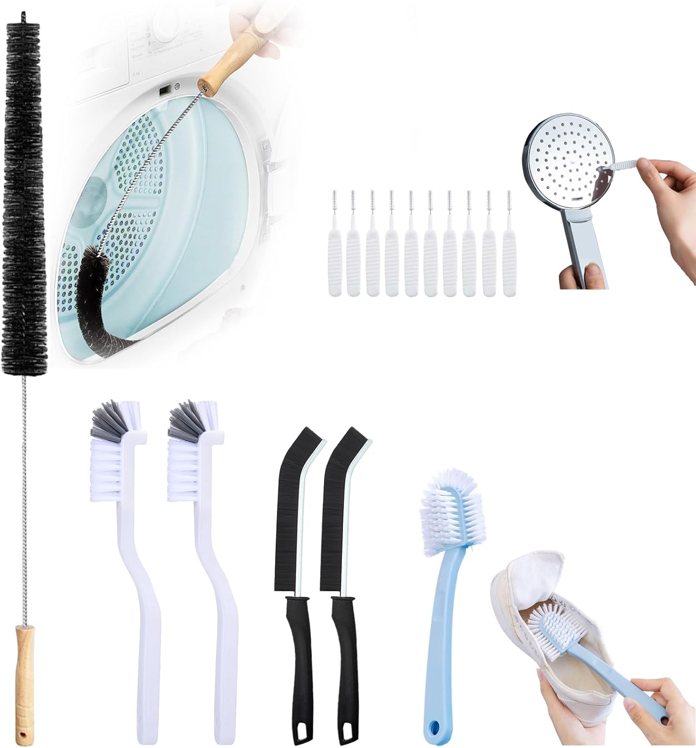 Cleaning Brush Set for Washing Machine, Bathroom, Shower & Kitchen - Scrub Brushes with Long Handle, Stiff Bristles, Crevice Tool - Tile, Bathtub, Sink, Grout Cleaning Brushes Household Tools