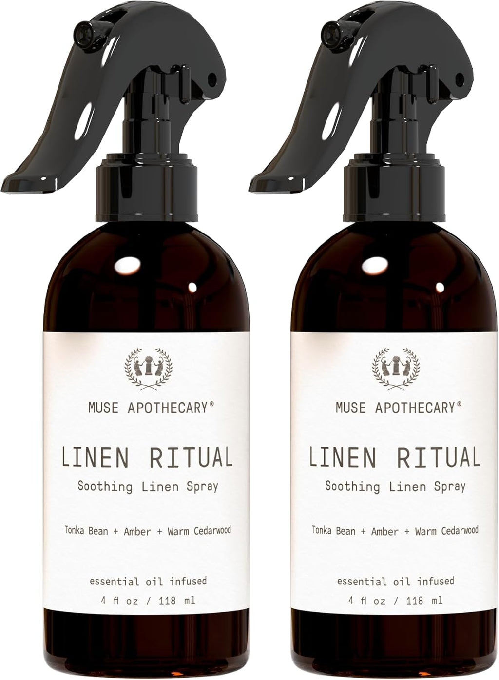 Muse Apothecary Linen Ritual - Aromatic, Soothing, and Relaxing Linen Mist, Laundry and Fabric Spray - Infused with Aromatherapy Essential Oils - 4 oz, Tonka Bean + Amber + Warm Cedarwood, 2 Pack