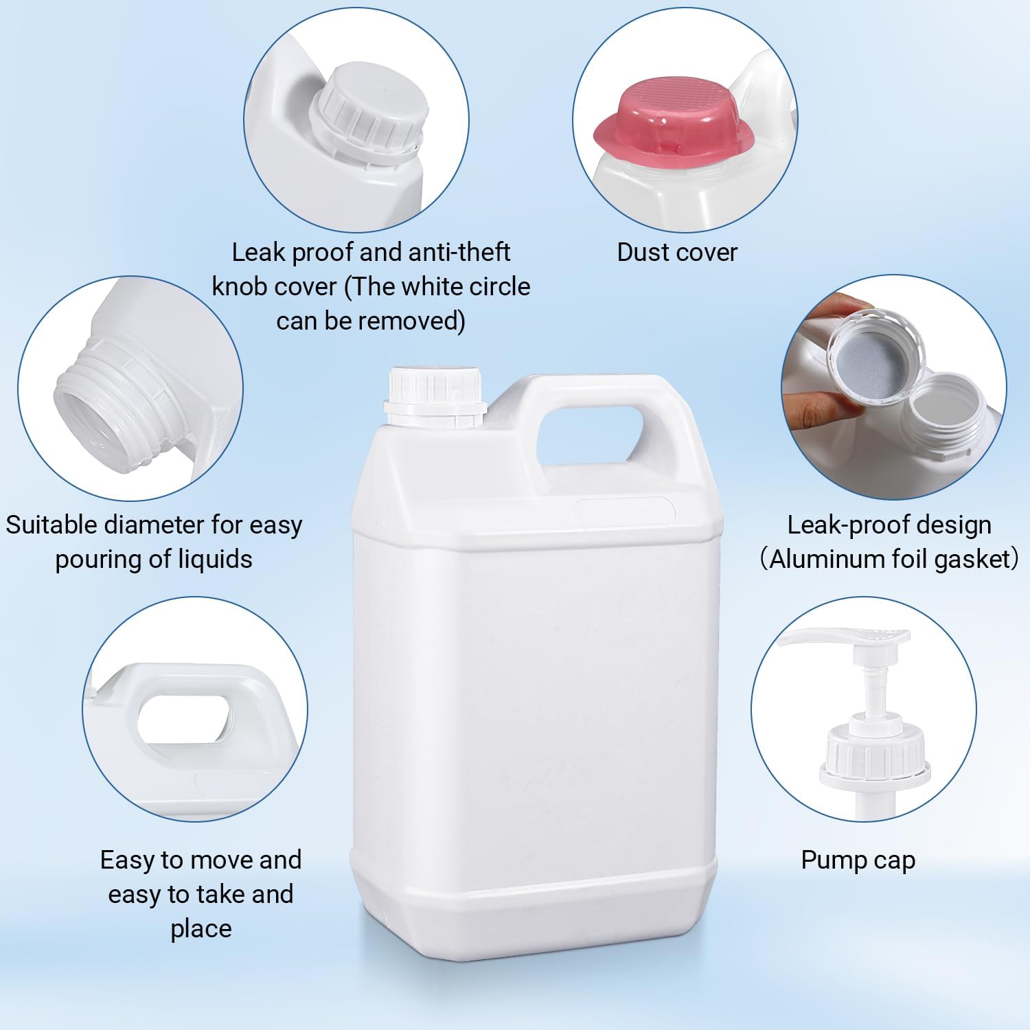 1 Gallon Plastic F-Style Jug (4-Pack) Reusable Food-Safe, Heavy-Duty HDPE Containers for Water, Sauces, Soaps, Detergents, Honey Liquids with Screw-On Cap and Pump Cap (White, 1 Gallon)