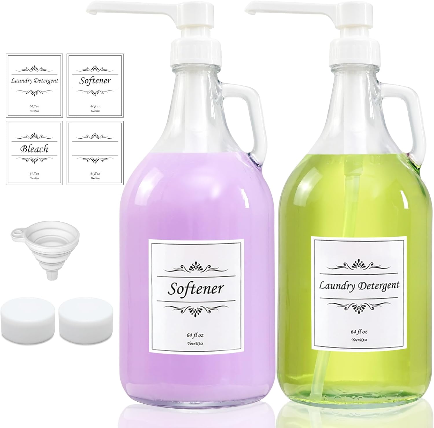 2 Pcs Glass Liquid Laundry Detergent Dispenser with Pump (Upgraded), 64 oz Dispenser for Laundry Room, Half Gallon Glass Jugs with Airtight Lid