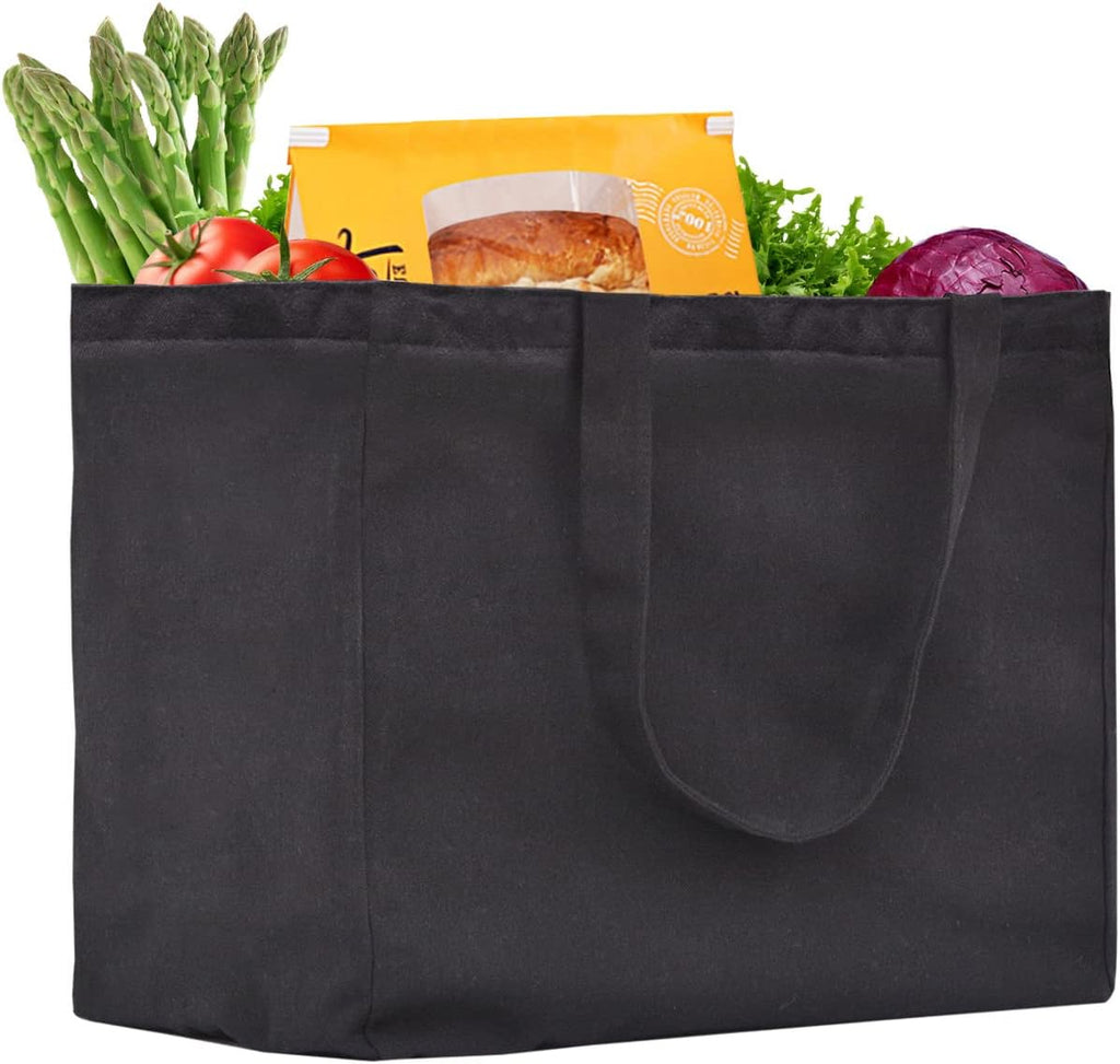 1 Pack Heavy Duty Reusable Canvas Grocery Bags, Holds 60 lbs, 8.3 gal, Multi-Purpose, Washable, Black with 5 Pockets