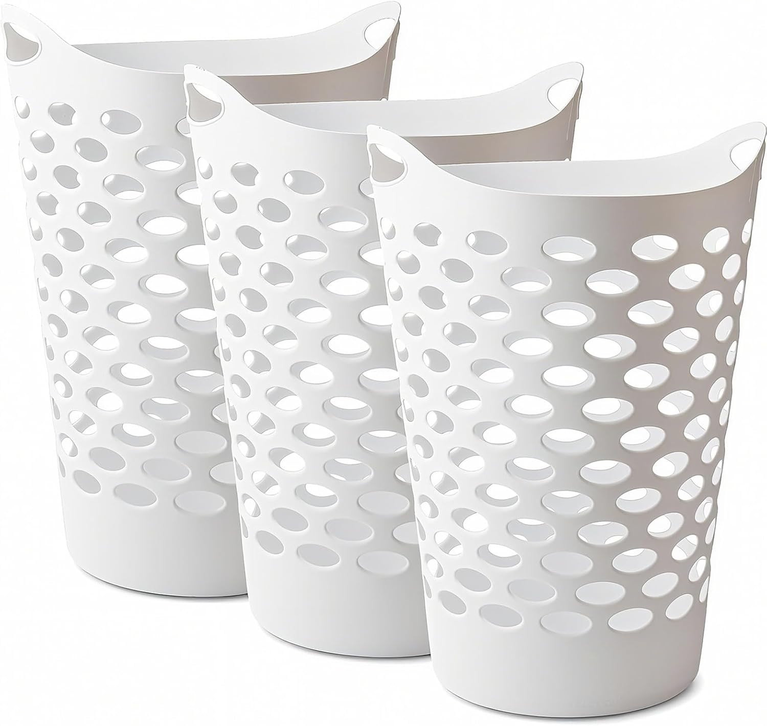 (3 Pack) Plastic Round Laundry Hamper, White - 2.2 Bushel Capacity, Lightweight & Durable with Carrying Handles for Home, Dorm, Bedroom, Apartment & Bathroom