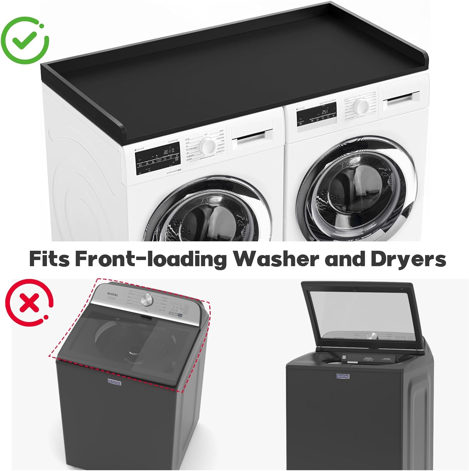 1-Tier Washer Dryer Countertop, 54"W x 27.55"D Laundry Countertop with Edge Rails and Non-Slip Pad, Washer and Dryer Topper for Laundry Room Storage Organization (Black)