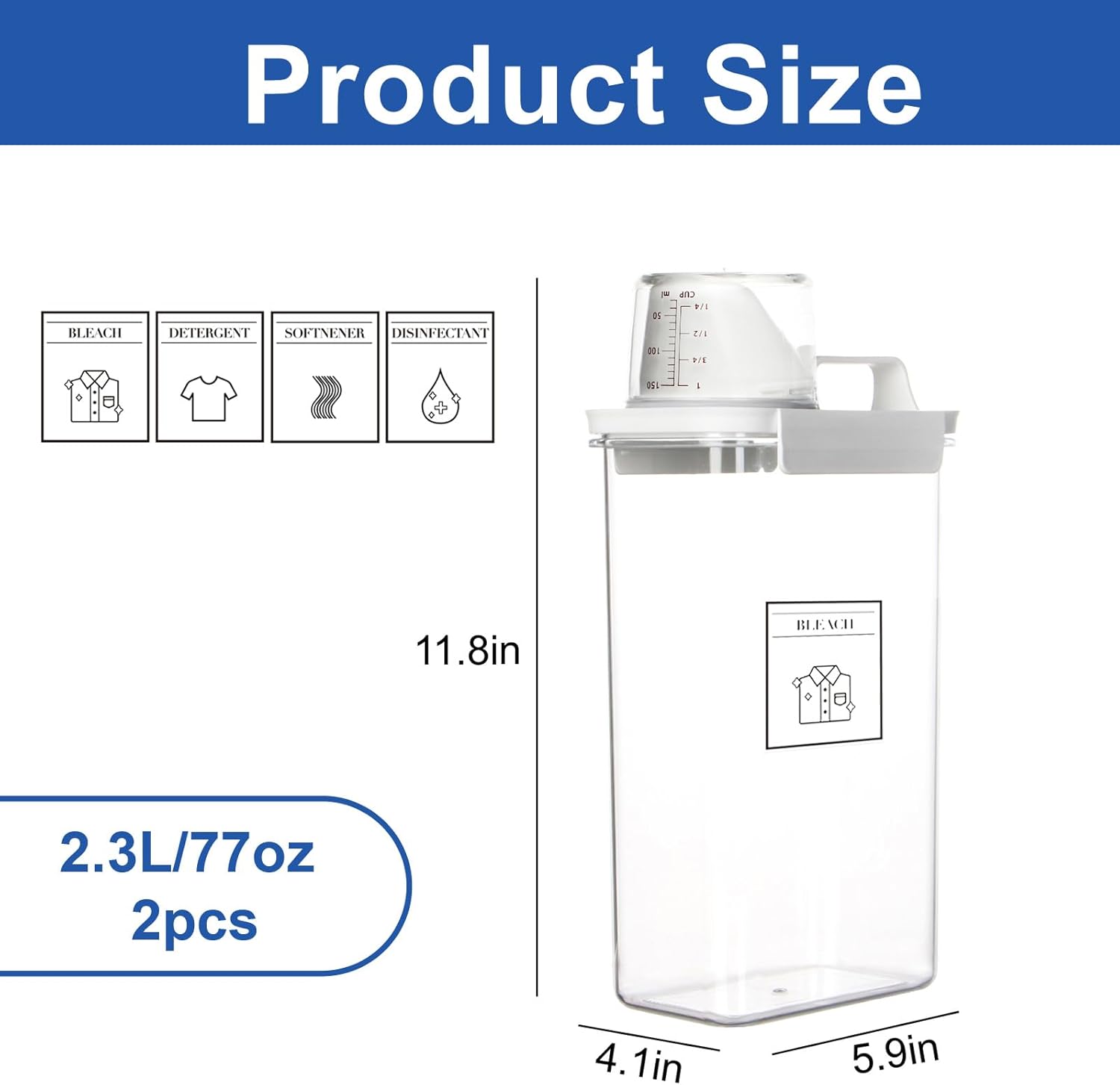 Laundry Detergent Dispenser, Liquid Laundry Container & Powder Soap Dispenser, 2 Pack Plastic Laundry Storage for Laundry Room Organization, Fabric Softener Dispenser (2.3L)