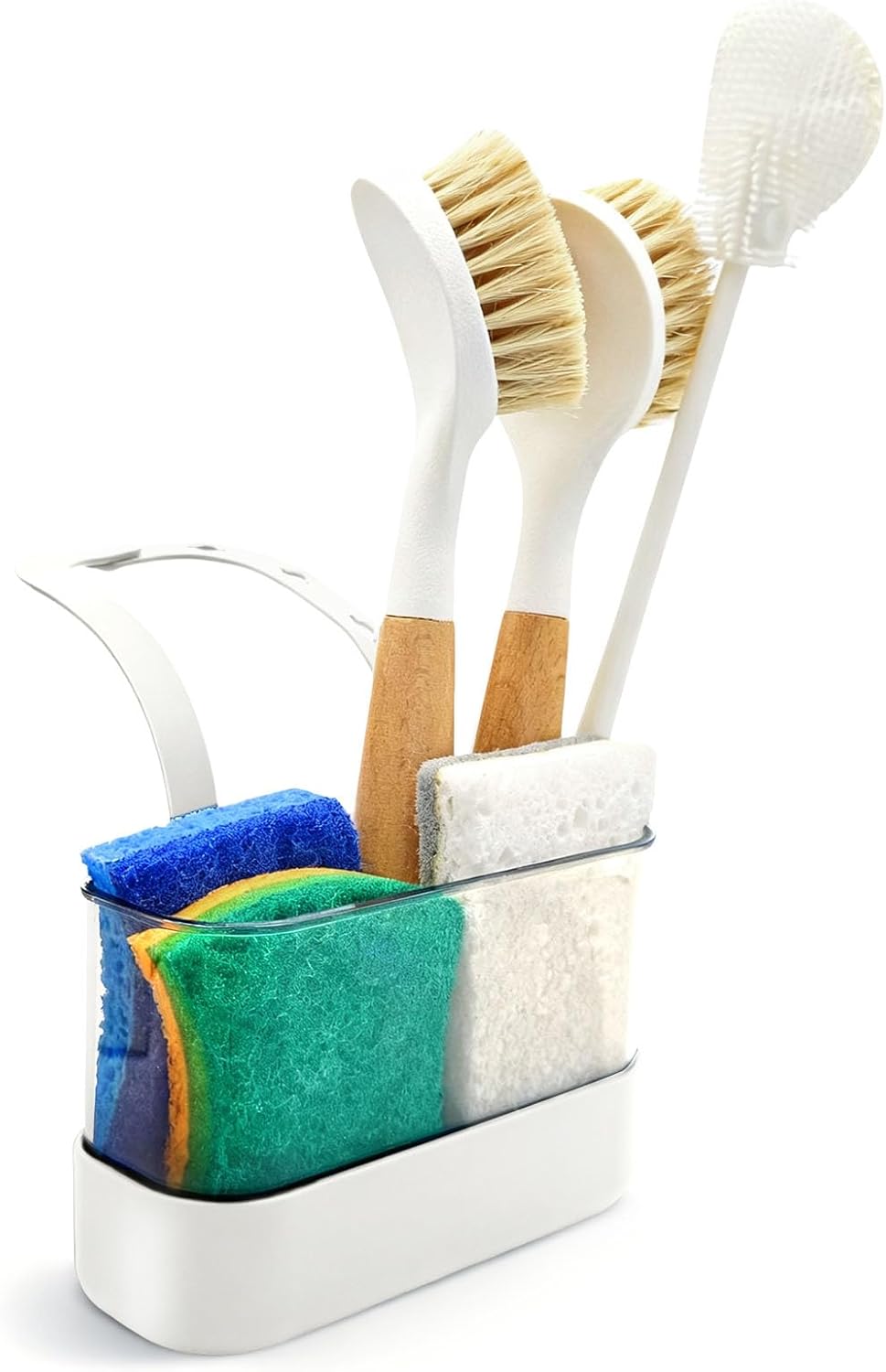 Sponge Holder for Kitchen Sink Dish Sponge Sink Caddy Kitchen Organizer for Brush Sink Stopper Scrubber Hanging Adjustable Strap Caddy Kitchen Gadgets Storage with Drain Holes (White, Large)