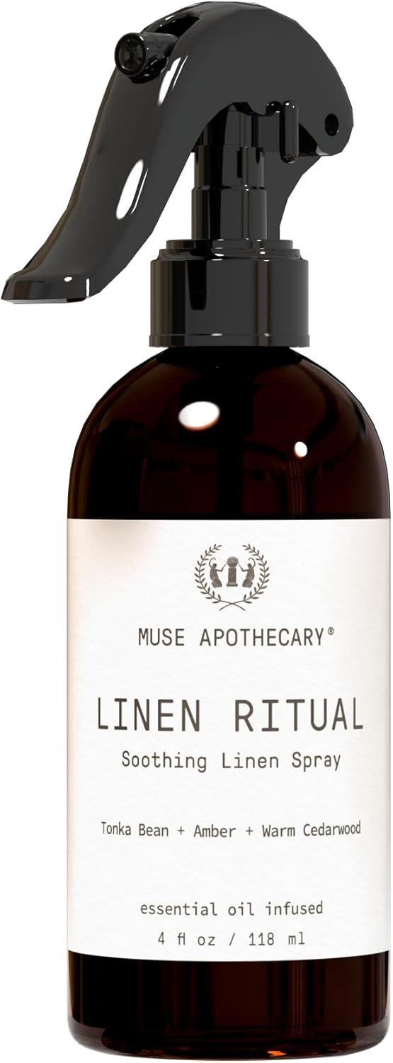Muse Apothecary Linen Ritual - Aromatic, Soothing, and Relaxing Linen Mist, Laundry and Fabric Spray - Infused with Aromatherapy Essential Oils - 4 oz, Tonka Bean + Amber + Warm Cedarwood,