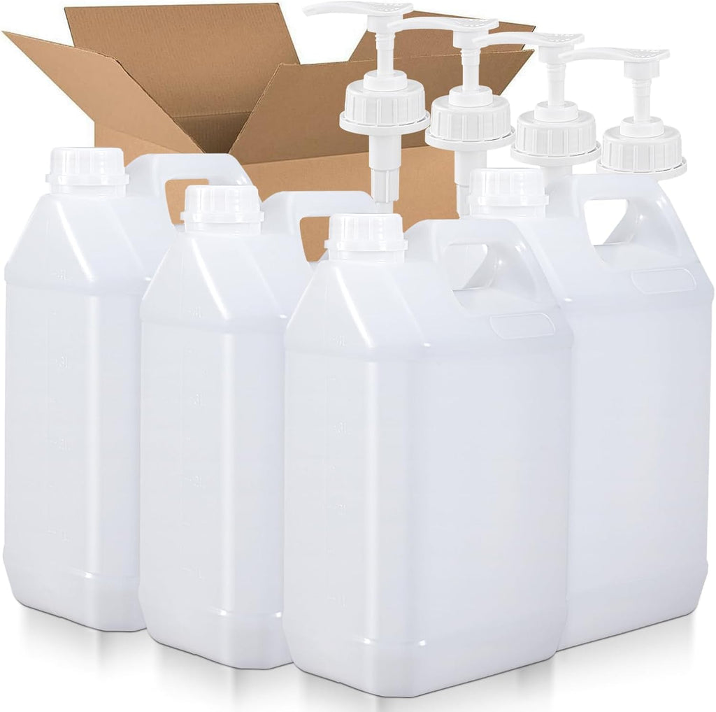 1 Gallon Plastic F-Style Jug (4-Pack) Reusable Food-Safe, Heavy-Duty HDPE Containers for Water, Sauces, Soaps, Detergents, Honey Liquids with Screw-On Cap and Pump Cap (Translucent, 1 Gallon)