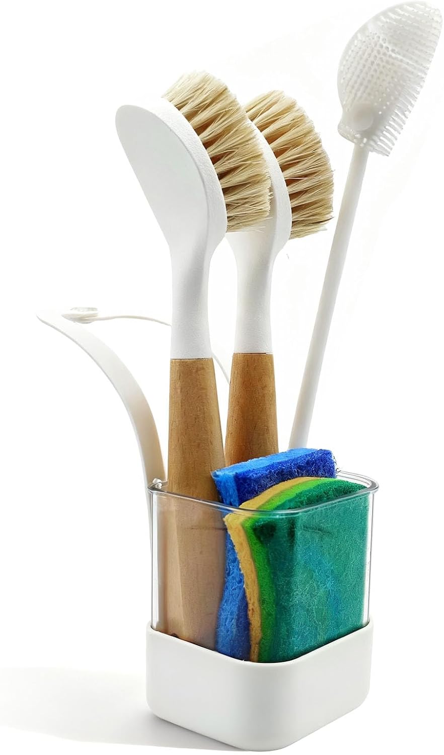 Sponge Holder for Kitchen Sink Dish Sponge Sink Caddy Kitchen Organizer for Dish Brush Sink Stopper Scrubber Hanging Strap Faucet Caddy Kitchen Gadgets Storage with Drain Holes (White, Small)