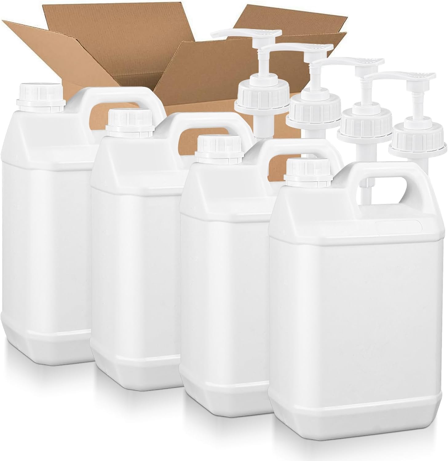 1 Gallon Plastic F-Style Jug (4-Pack) Reusable Food-Safe, Heavy-Duty HDPE Containers for Water, Sauces, Soaps, Detergents, Honey Liquids with Screw-On Cap and Pump Cap (White, 1 Gallon)