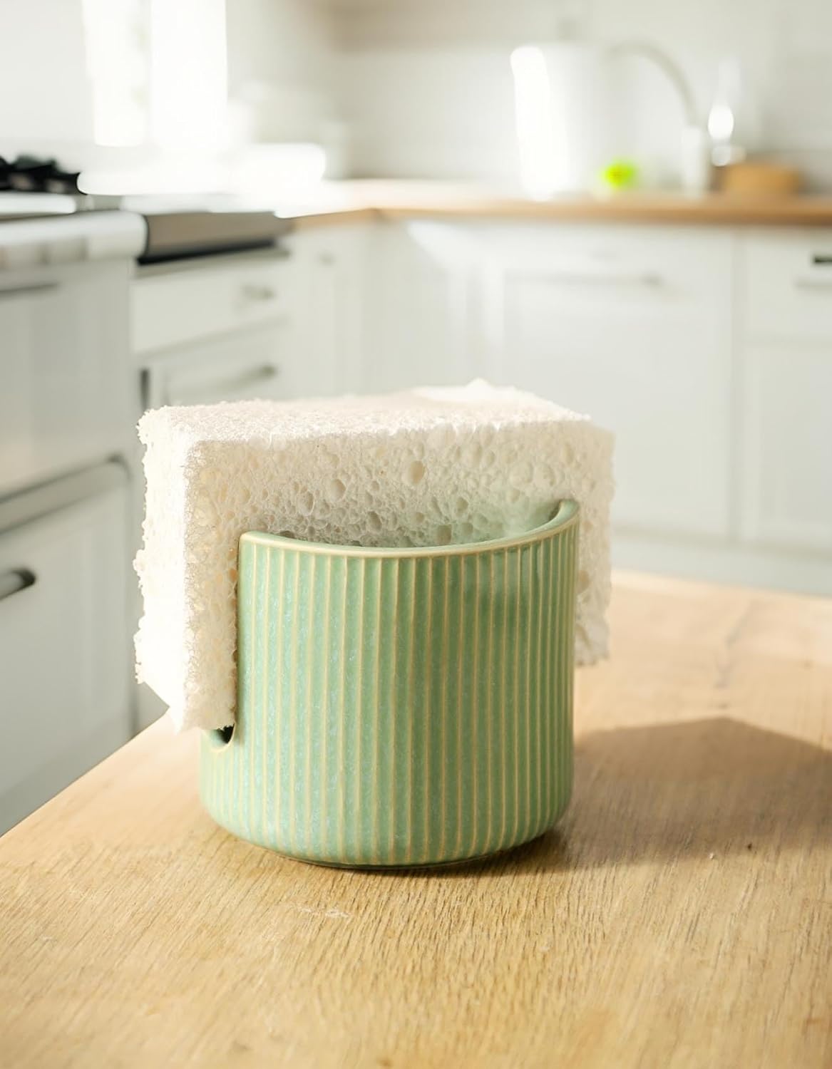 Sponge Holder for Kitchen Sink Countertop, Ceramic Scrub Sponge Dish Holder, Compact Sink Caddy Organizer Accessories for Dish Brush, Scrubber, Glazed Green