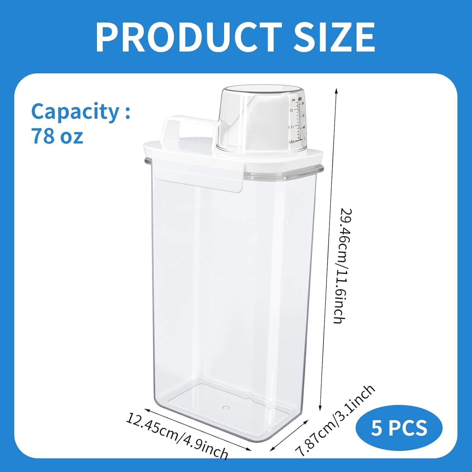 5 Pcs Liquid Laundry Detergent Dispenser 78 oz Clear Soap Powder Container with Lids Fabric Softener Bleach Dispenser for Storage Laundry Room Organization