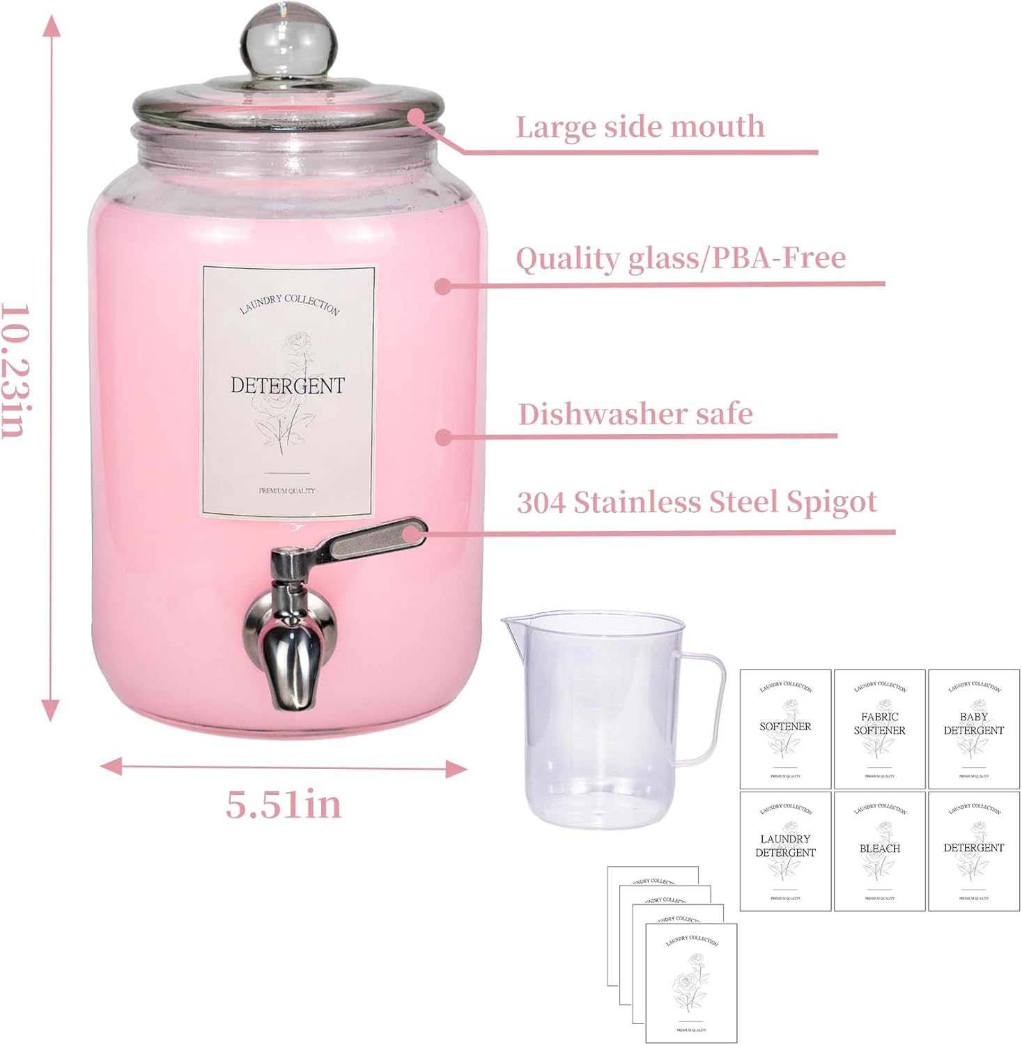 Large Liquid Laundry Detergent Dispenser with Spigots and Measuring Cups,108oz Leak-Proof Glass Fabric Softener,Reusable Glass Detergent Dispenser for Laundry Room Organizer and Storage(1)
