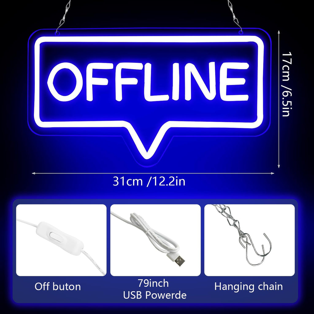 "Offline" LED Neon Sign - Blue USB-Powered Wall Art Light for Gaming Room/Man Cave/Bedroom, Plug Play Atmosphere Lamp