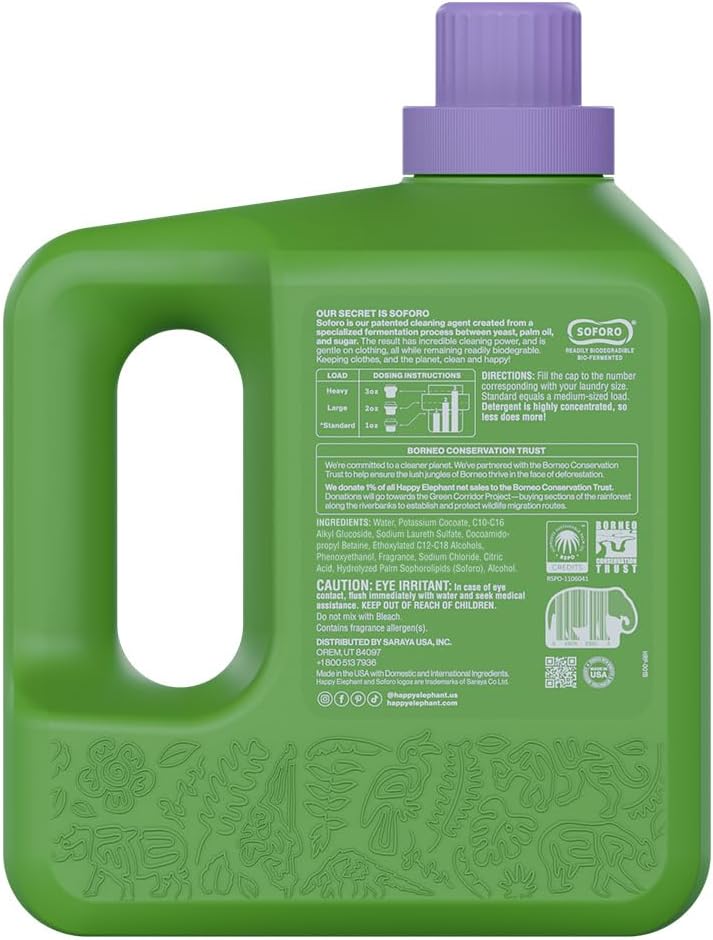 Happy Elephant Laundry Detergent, White Tea & Fig Scent, Ultra Concentrated Washing Machine Laundry Soap, Plant Based, Stain Remover, Gentle on Sensitive Skin, HE Compatible, 64 Loads, 64 Fl Oz