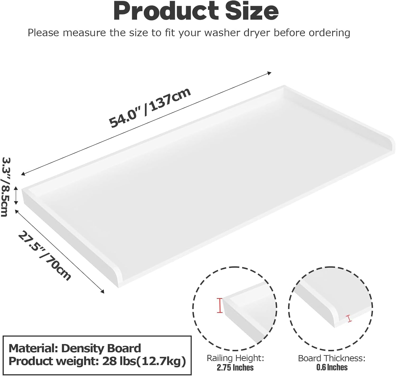 1-Tier Washer Dryer Countertop Shelf, 54" W x 27.55" D Laundry Countertop Cover with Non-Slip Pad and 2.75" H Guard, Washer and Dryer Topper for Laundry Room Organization (White)