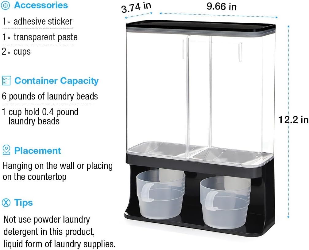 Conworld Laundry Detergent Dispenser, Wall-Mounted Scent Booster Beads Dispenser for Laundry Organizer, Laundry Beads Container, Rice Dispenser, Black