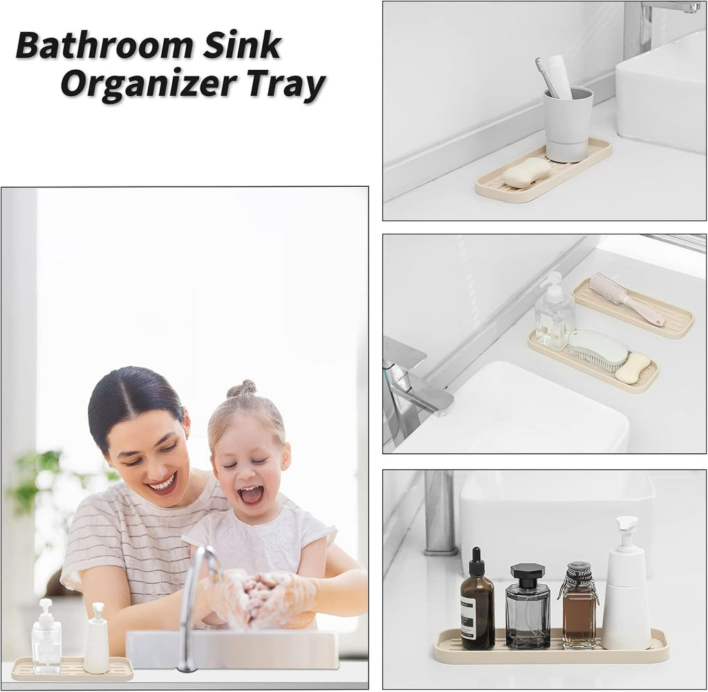 Silicone Kitchen Sink Organizer Tray for Multiple Usage,Eco-Friendly Sponges Holder for Kitchen Bathroom Counter or Sink,Dish Soap Dispenser,Scrubber,Bottle,Cup (Tapioca, 12"×4")