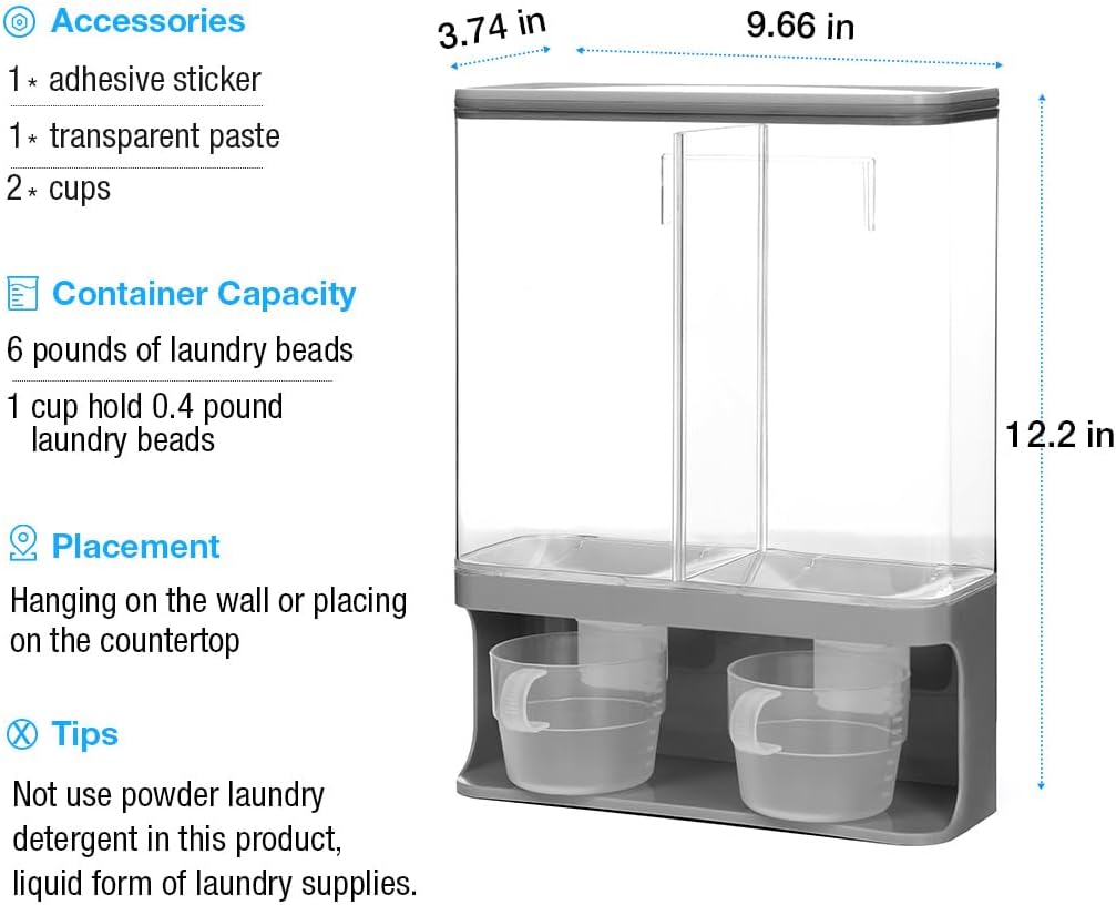 Conworld Laundry Detergent Dispenser, Wall-Mounted Scent Booster Beads Dispenser for Laundry Room Organization and Storage, Rice Dispenser, Suitable for Laundry Beads, Grey