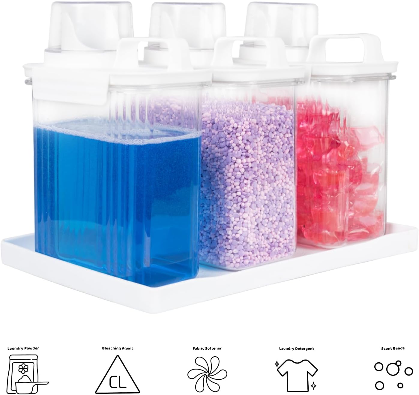 51oz Laundry Detergent Container, 3 Pack Plastic Liquid Detergent Dispenser for Laundry Room Powder,Soap,Fabric Softener, Scent Beads Storage and Organization,with 5 Labels,1 Tray.(3, 51oz)