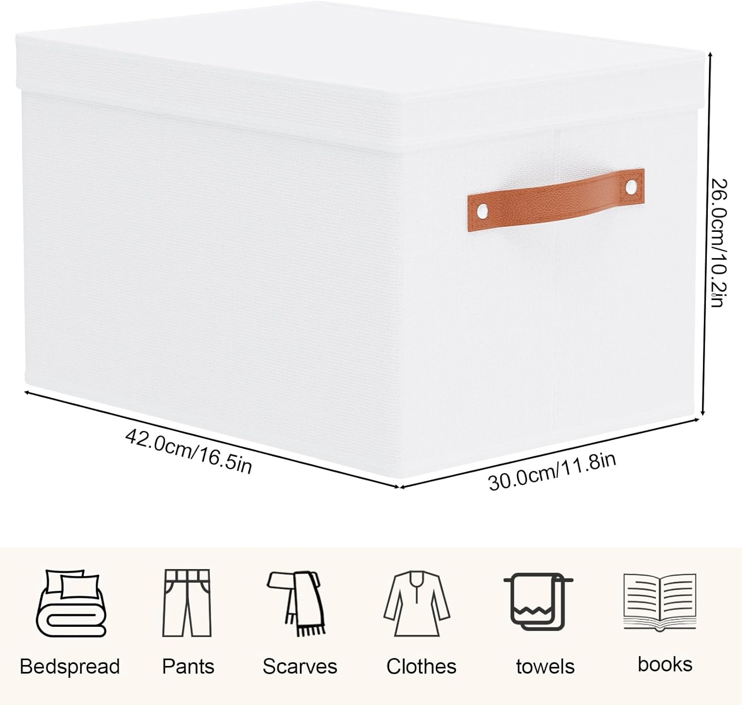 1 Pack Storage Box with Lid, Storage Basket for Shelves with Handles, Fabric Closet Organizer, White, 16.5 x 11.8 x 10.2 Inch