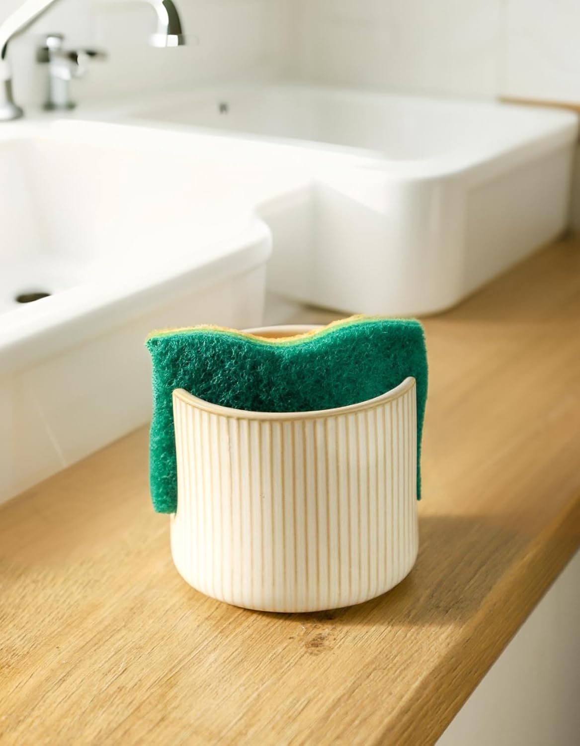 Sponge Holder for Kitchen Sink Countertop, Ceramic Scrub Sponge Dish Holder, Compact Sink Caddy Organizer Accessories for Dish Brush, Scrubber, Glazed White