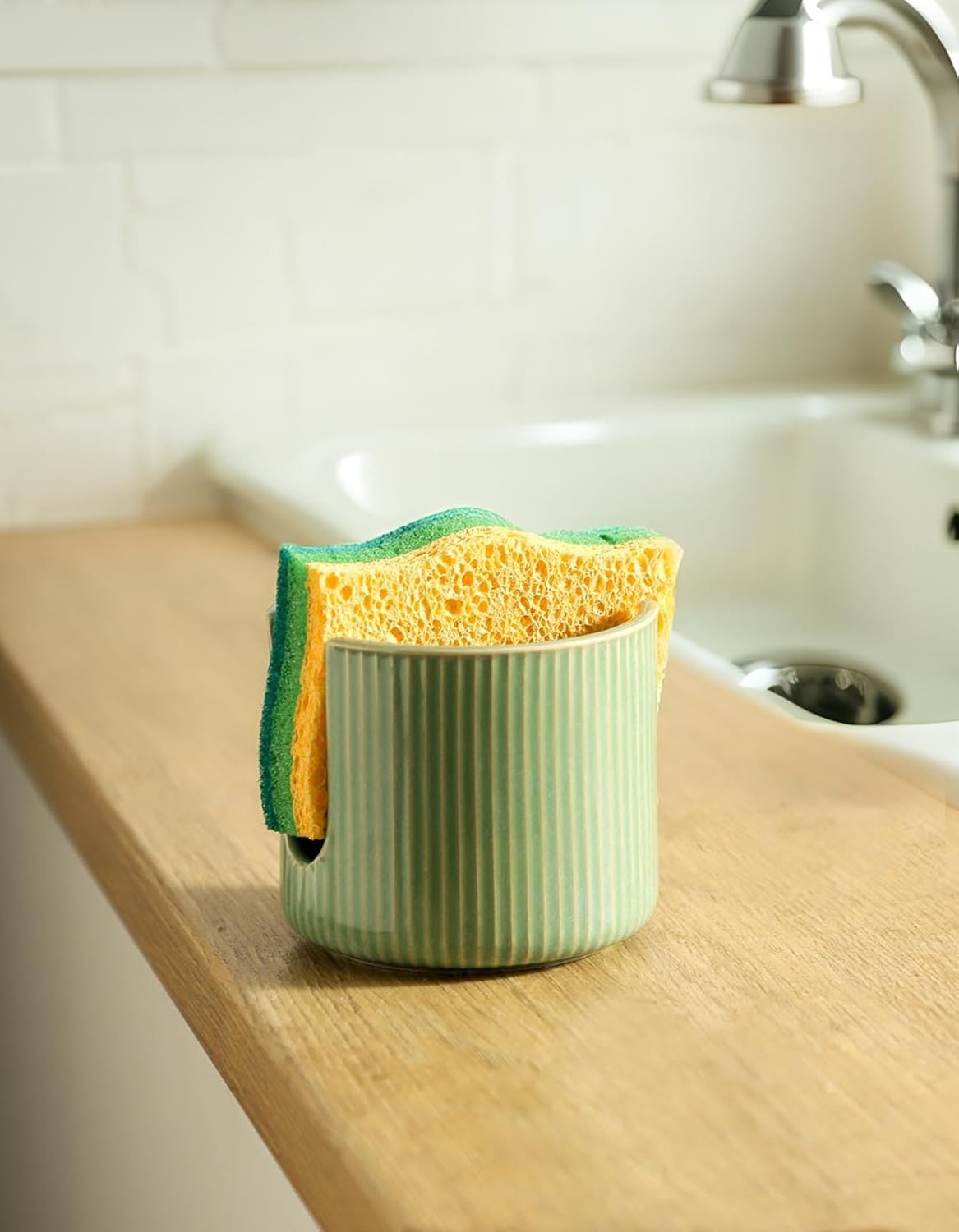 Sponge Holder for Kitchen Sink Countertop, Ceramic Scrub Sponge Dish Holder, Compact Sink Caddy Organizer Accessories for Dish Brush, Scrubber, Glazed Green