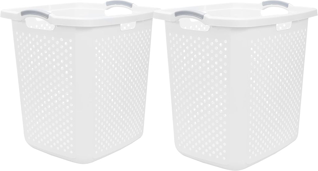 (2-Pack), 2.5 Bushel Plastic Dirty Laundry Basket, White, With two Handles.Ideal for Families, Apartments, and Dormitory Rooms。