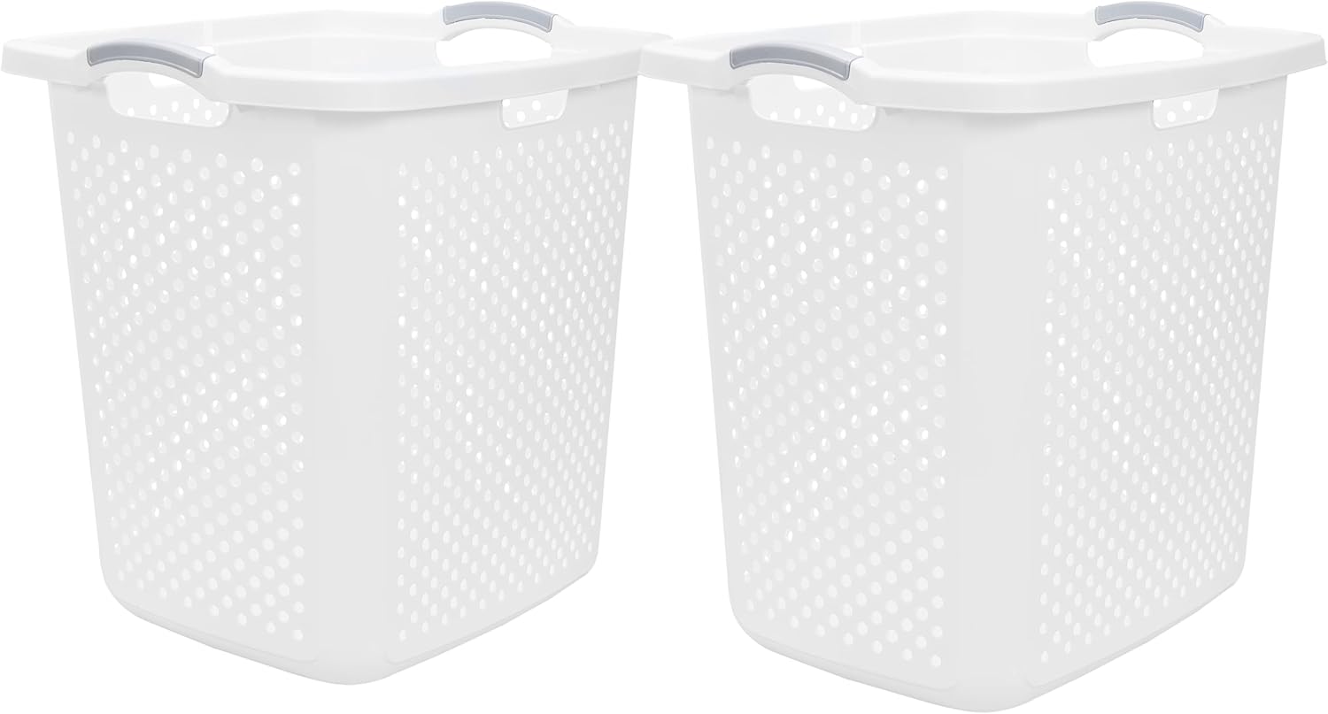 (2-Pack), 2.5 Bushel Plastic Dirty Laundry Basket, White, With two Handles.Ideal for Families, Apartments, and Dormitory Rooms。