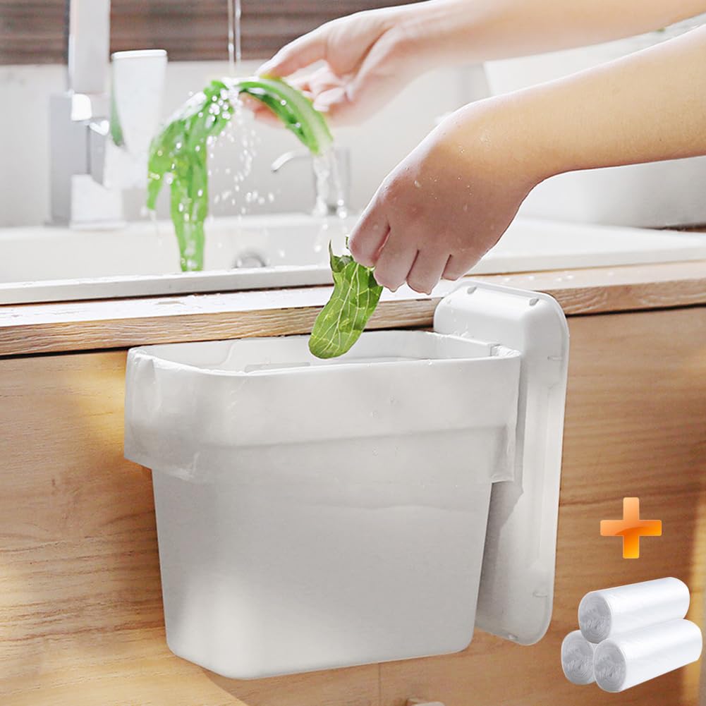 0.8 Gallon Hanging Small Trash Can with Lid for Cupboard/Bathroom/Bedroom/Office/Camping, Mini Desk Trash Can with 150 Pcs Trash Bags, White