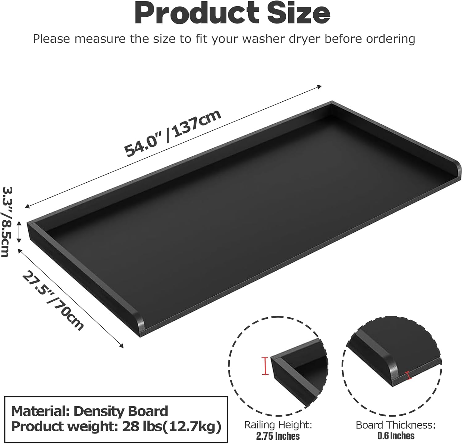 1-Tier Washer Dryer Countertop, 54"W x 27.55"D Laundry Countertop with Edge Rails and Non-Slip Pad, Washer and Dryer Topper for Laundry Room Storage Organization (Black)