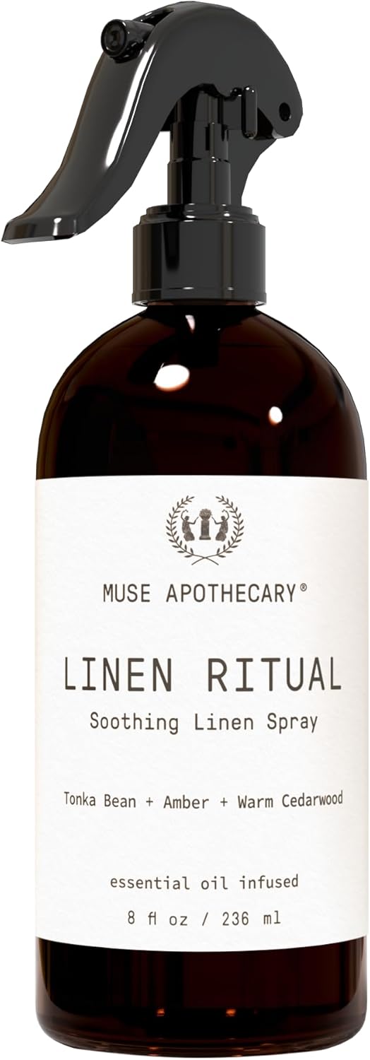 Muse Apothecary Linen Ritual - Aromatic, Soothing, and Relaxing Linen Mist, Laundry and Fabric Spray - Infused with Aromatherapy Essential Oils - 8 oz, Tonka Bean + Amber + Warm Cedarwood,