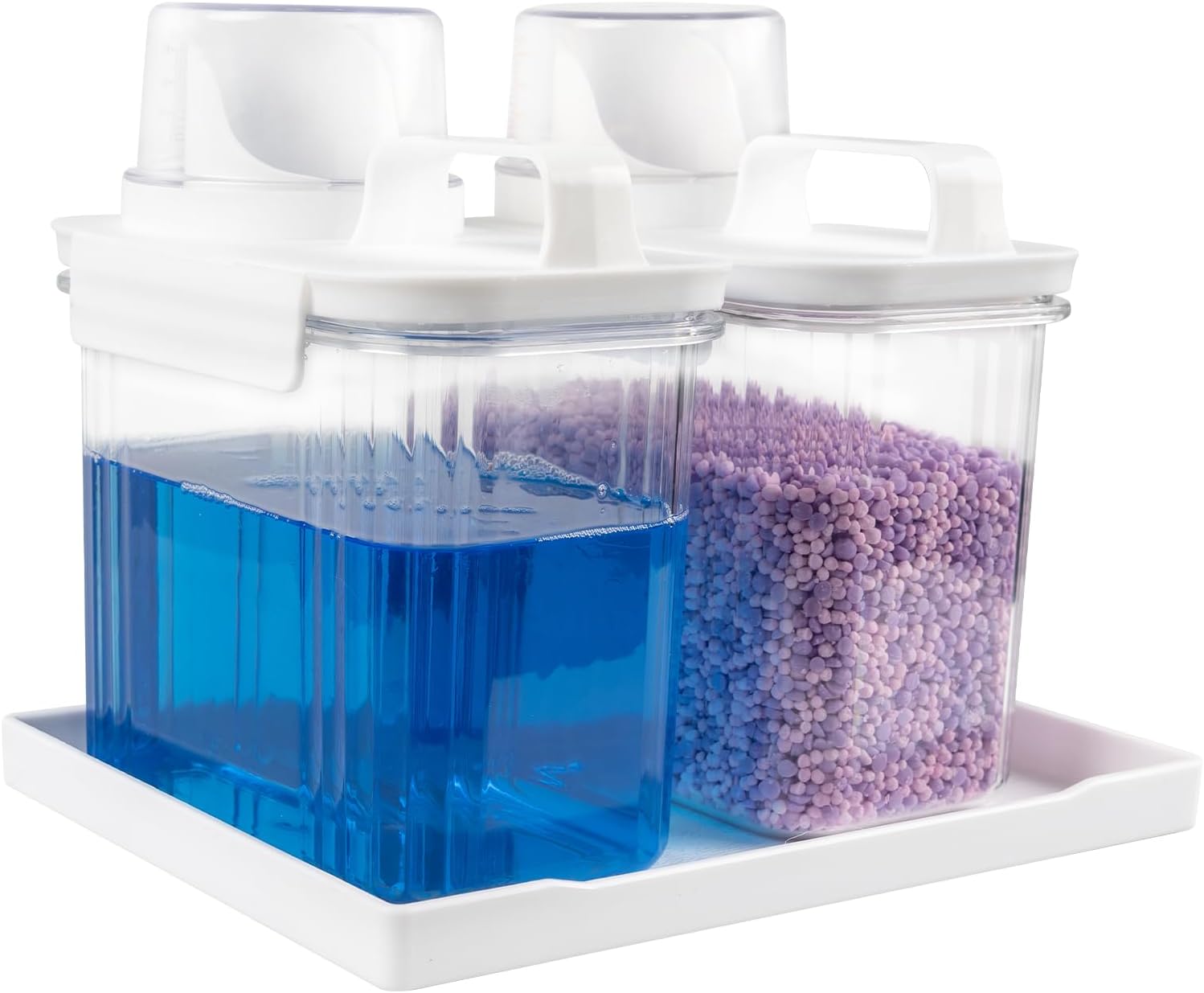 51oz Laundry Detergent Container, 2 Pack Plastic Liquid Detergent Dispenser for Laundry Room Powder,Soap,Fabric Softener, Scent Beads Storage and Organization,with 5 Labels,1 Tray.(2, 51oz)