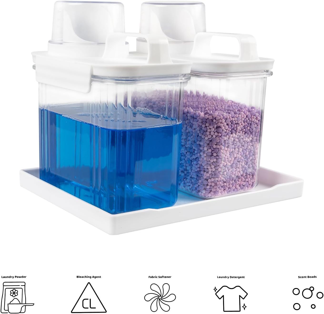 51oz Laundry Detergent Container, 2 Pack Plastic Liquid Detergent Dispenser for Laundry Room Powder,Soap,Fabric Softener, Scent Beads Storage and Organization,with 5 Labels,1 Tray.(2, 51oz)