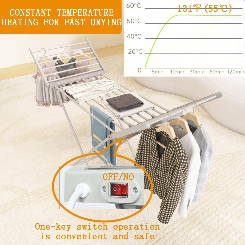 (1 Pack) Heated Clothes Drying Rack, Folding Electric Clothes Rack, Collapsible Laundry Drying Rack, Free Standing Heating Garment Dryer Towel Rail Space Saving for Home Indoor Outdoor