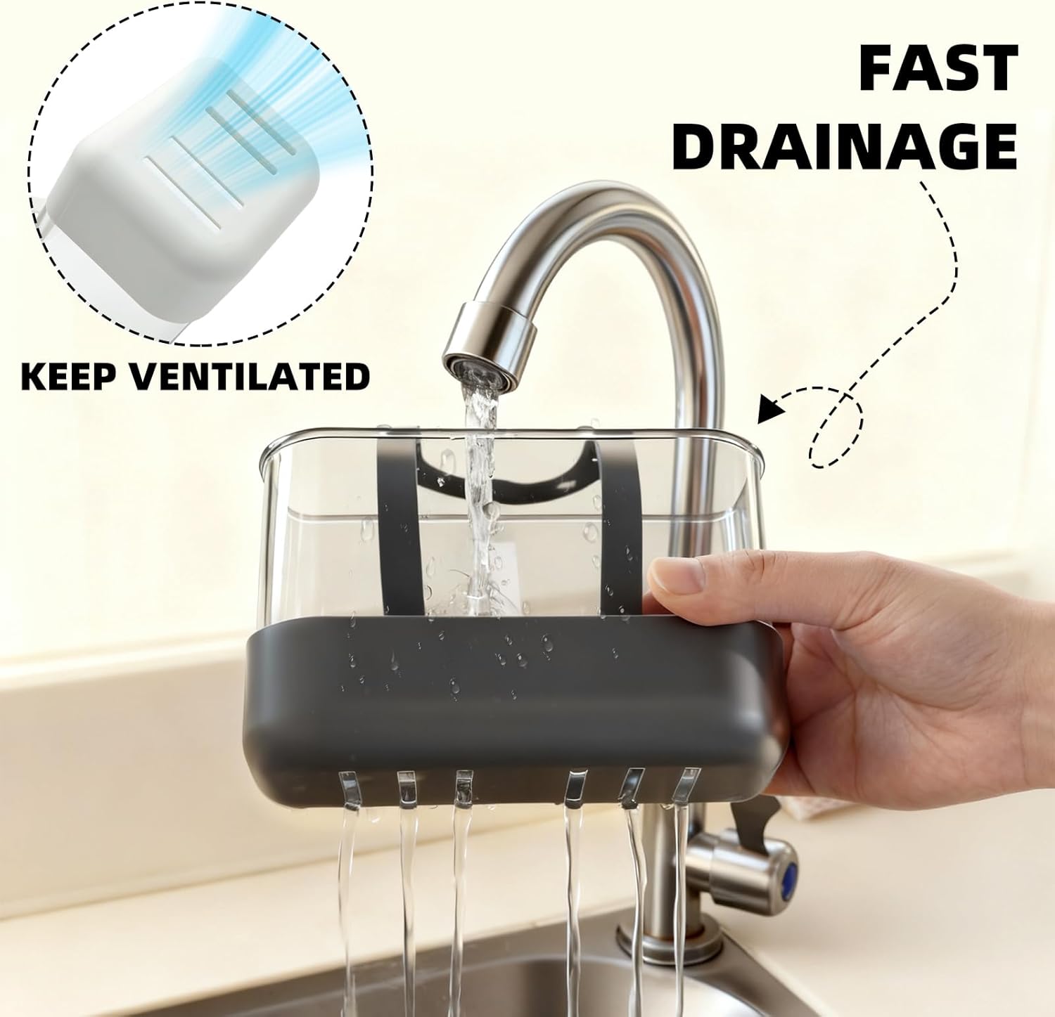 Sponge Holder for Kitchen Sink Dish Sponge Sink Caddy Kitchen Organizer for Dish Brush Sink Stopper Scrubber Hanging Strap Faucet Caddy Kitchen Gadgets Storage with Drain Holes (White, Small)