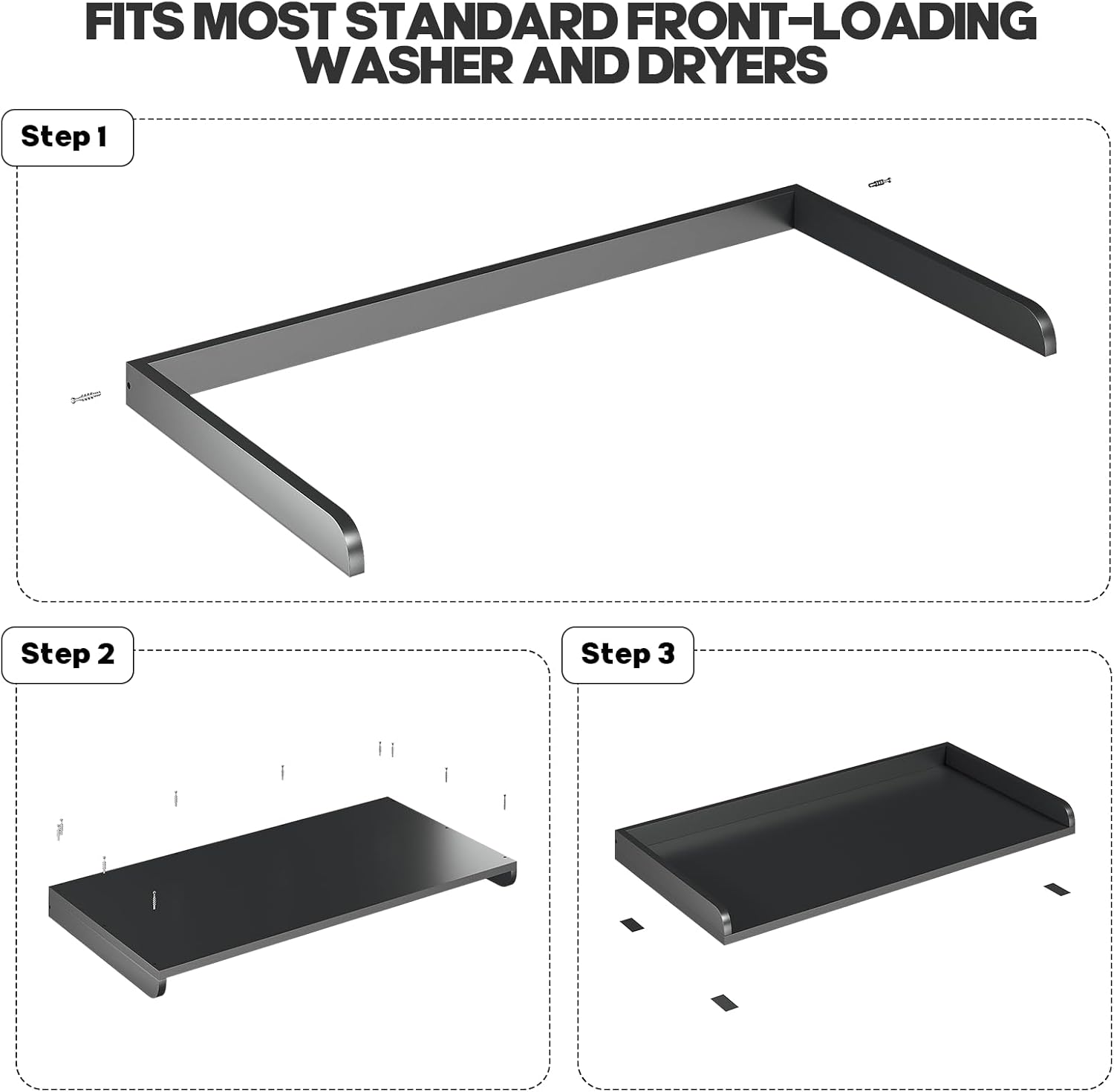 1-Tier Washer Dryer Countertop, 54"W x 27.55"D Laundry Countertop with Edge Rails and Non-Slip Pad, Washer and Dryer Topper for Laundry Room Storage Organization (Black)