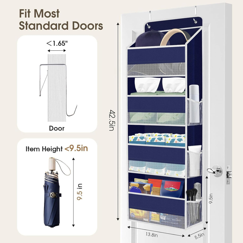 1 Pack Over The Door Organizer, Hanging Storage Organizer with Clear Window, 40lb Ultra Sturdy Large Capacity Room Organizer for Pantry Laundry Bathroom Nursery Closet (Blue)