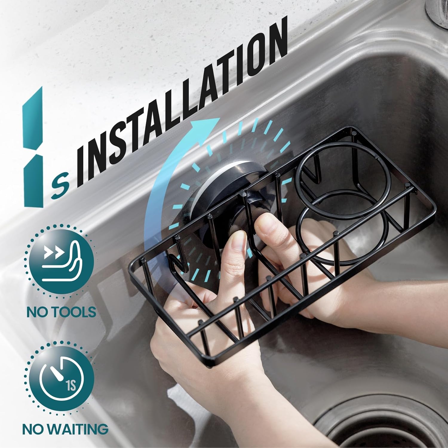 TAILI 4-in-1 Sponge Holder for Kitchen Sink with Strong Suction Cup Removable, Rustproof Aluminum Sink Caddy for Sponge, Brush, Scrubber, Scraper -Black