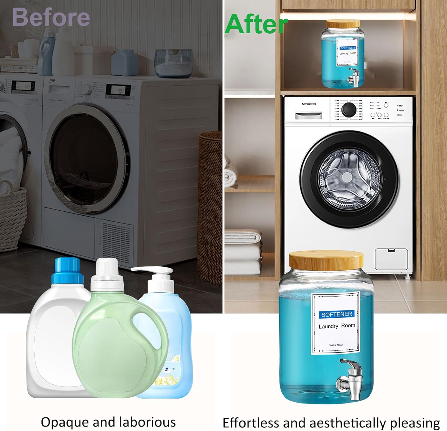 Laundry Detergent Dispenser,1 Gallon Glass Liquid Laundry Detergent Dispenser,for Bleach, Fabric Softener,Laundry Soap Dispenser,for Laundry Room Organization and Storage