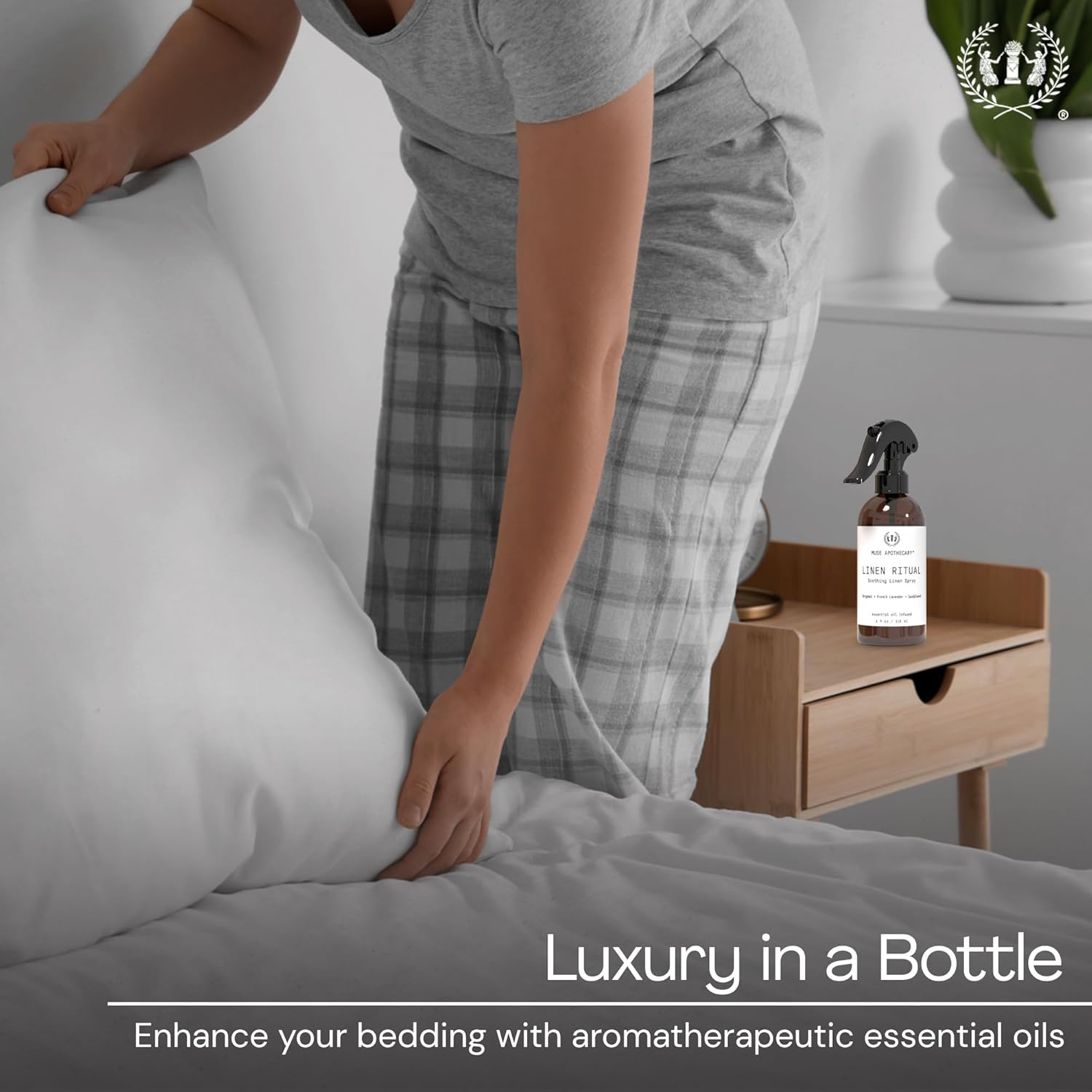Muse Apothecary Linen Ritual - Aromatic, Soothing, and Relaxing Linen Mist, Laundry and Fabric Spray - Infused with Aromatherapy Essential Oils - 4 oz, Bergamot + French Lavender + Sandalwood,