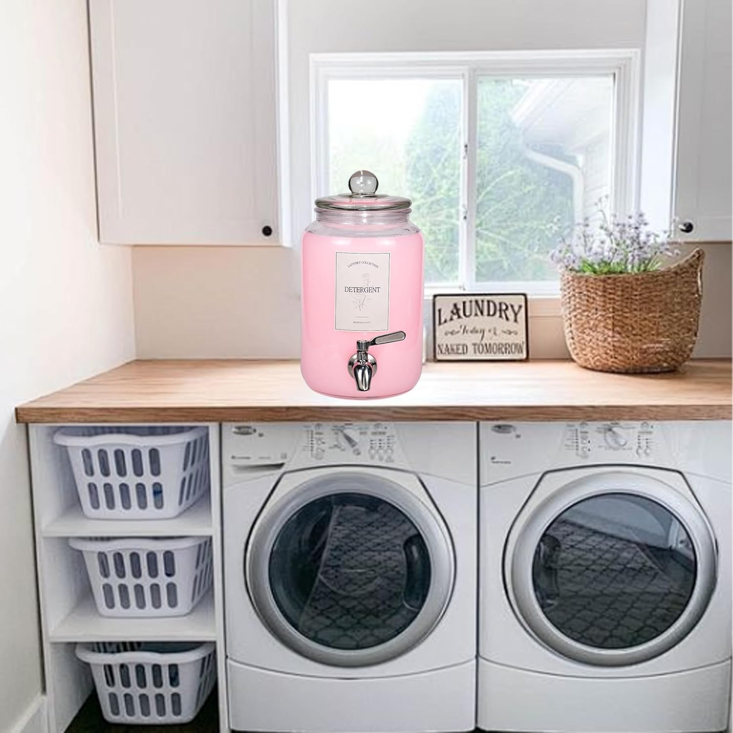 Large Liquid Laundry Detergent Dispenser with Spigots and Measuring Cups,108oz Leak-Proof Glass Fabric Softener,Reusable Glass Detergent Dispenser for Laundry Room Organizer and Storage(1)