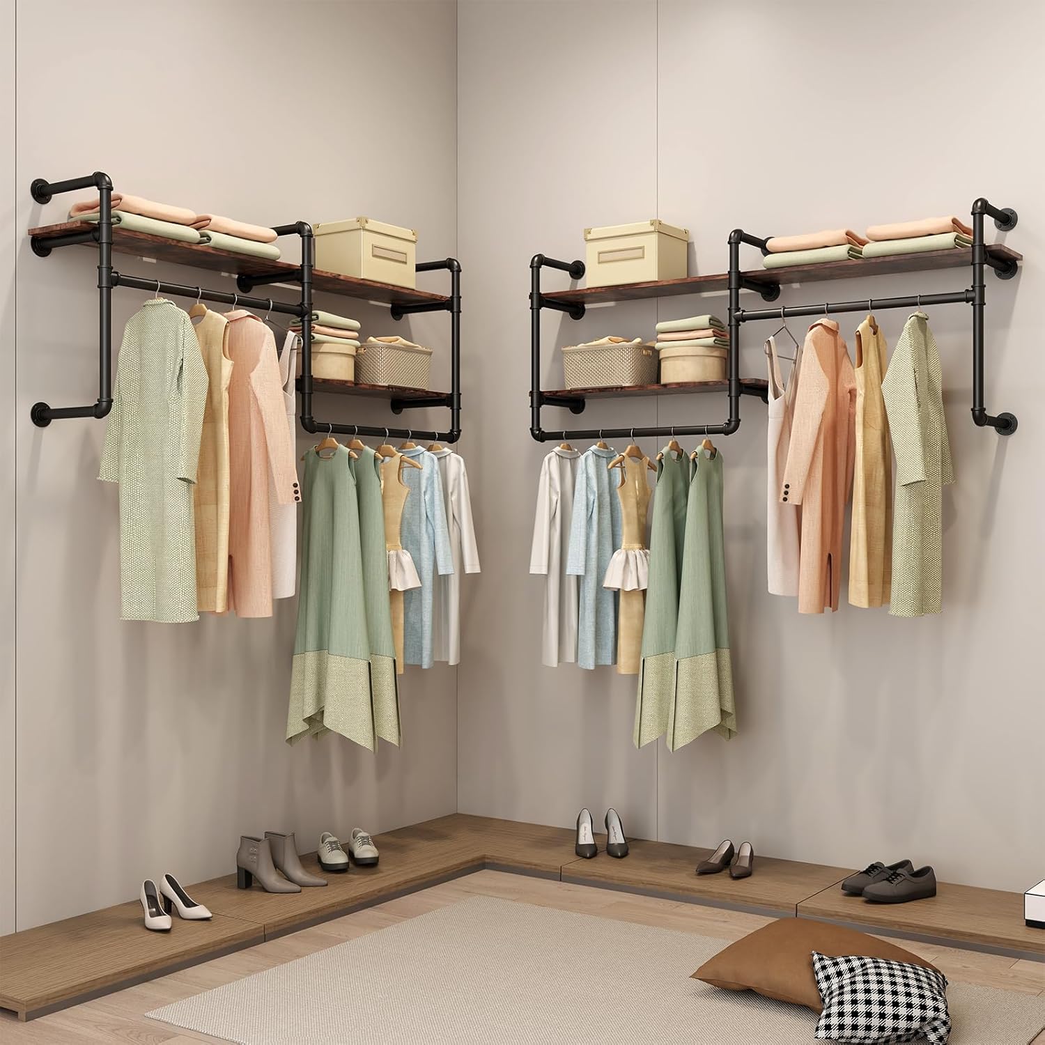 Industrial Pipe Clothing Rack Wall Mounted - Heavy Duty 2-Tier Closet Organizer with Wood Shelves & Dual Hanging Rods for Bedroom/Retail Store